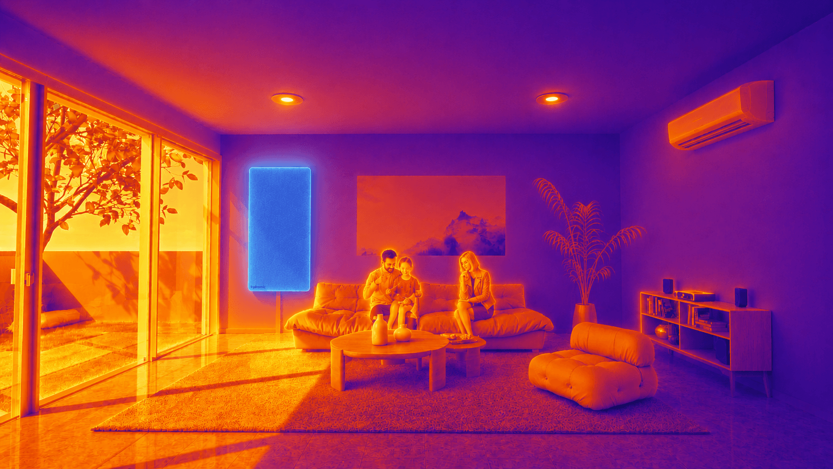 A thermal view of a living room — heat glowing where it pours in